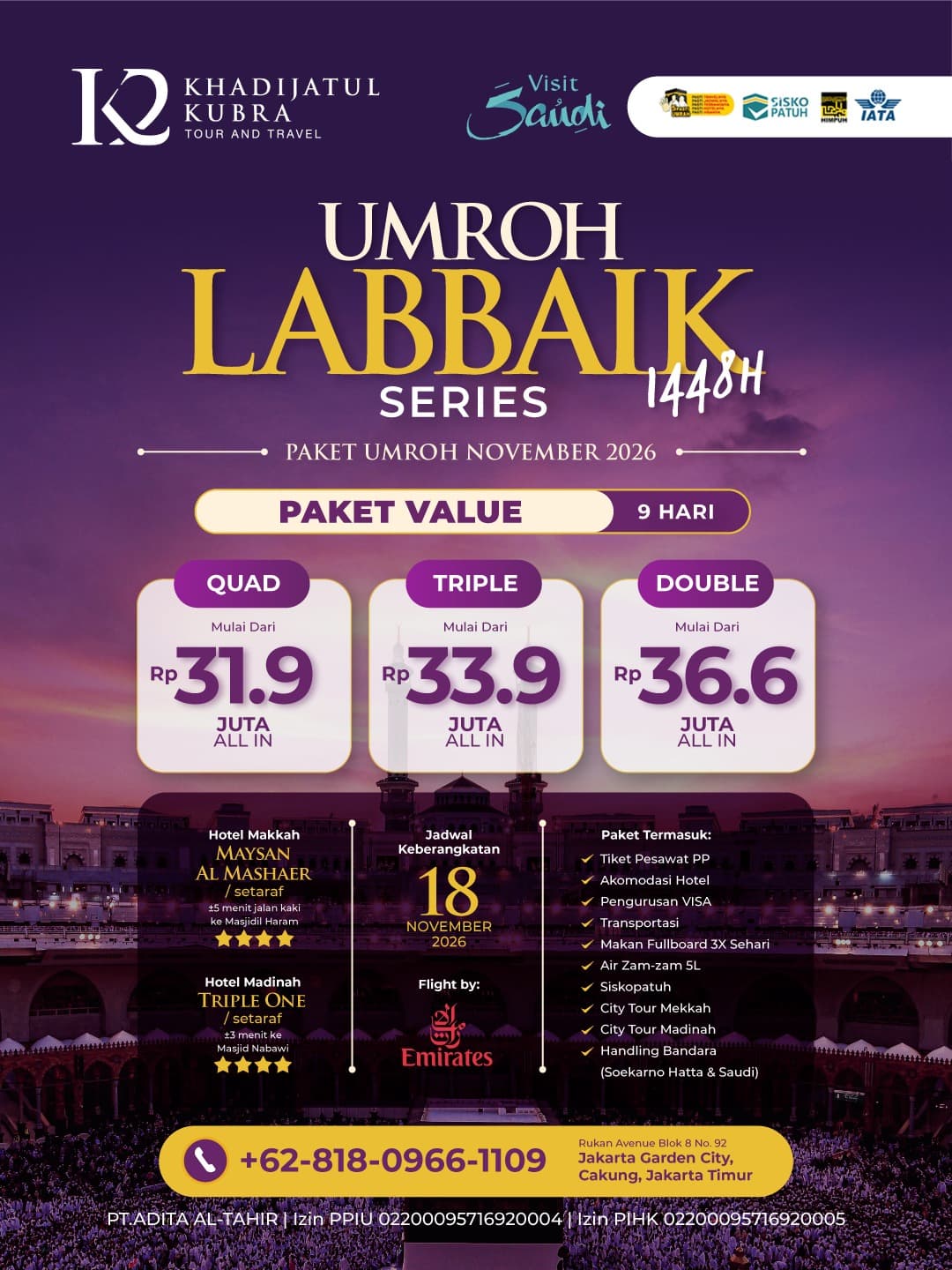 Paket Umroh Maysan Al Mashaer & Triple One -